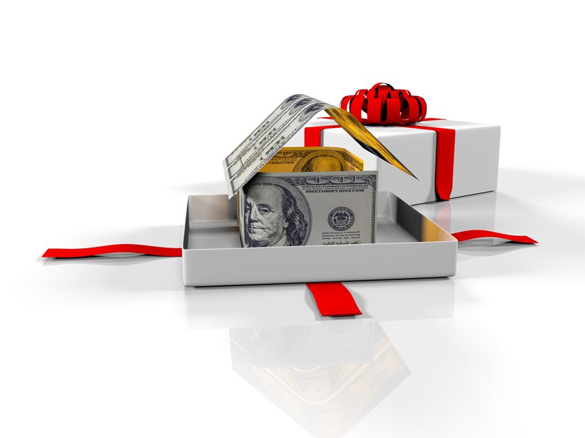 3d render, gift box in the house of banknotes on a white background